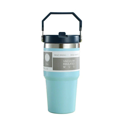 Insulated stainless steel travel tumbler with double-wall vacuum technology, sweat-proof powder coating, and BPA-free sliding lid for hot and cold drinks on the go.