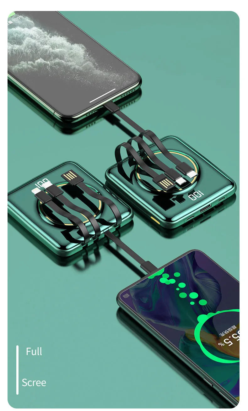 Compact 20000mAh portable power bank with LCD display, shown in black, green, and red colour options.