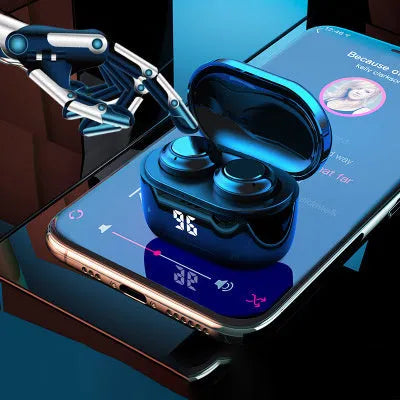 Black over-ear stereo Bluetooth headset with earplug design.