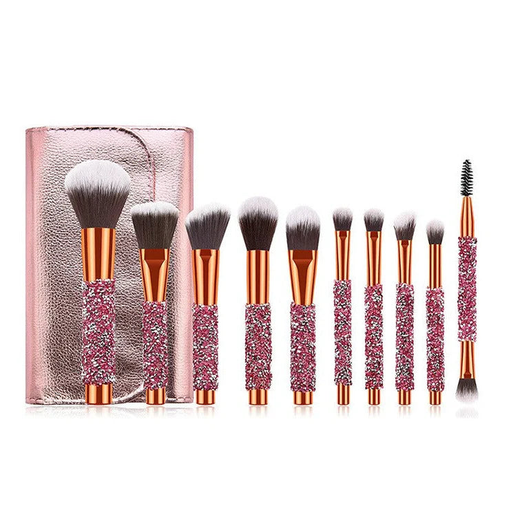10 colourful makeup brushes with diamond wrap design and nylon bristles for powder application