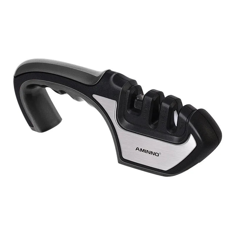 4-in-1 multi-functional knife sharpener in black with multiple sharpening rods