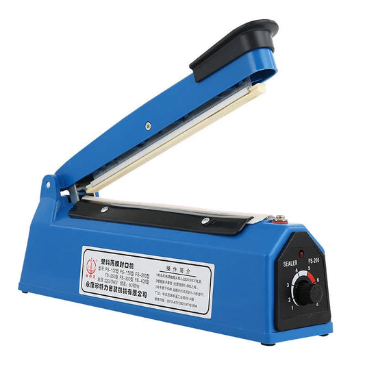 Manual heat sealing machine in blue for sealing plastic and foil bags