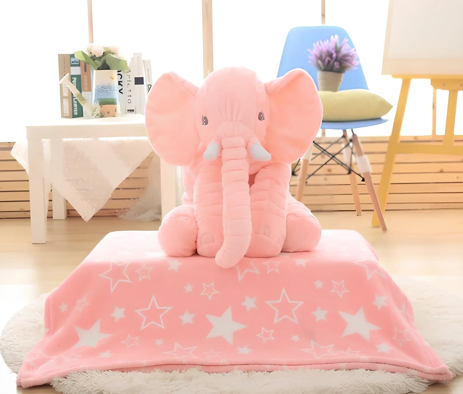 Soft 60cm grey elephant plush toy pillow with PP cotton filling for children's calming, in various colours like blue and pink