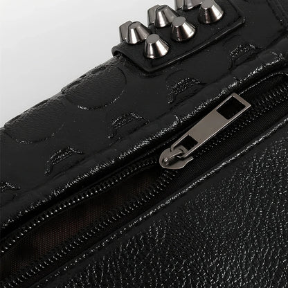 Black Shantou women's messenger bag with rivets, chain handle, and square shape for secure cross-body carry