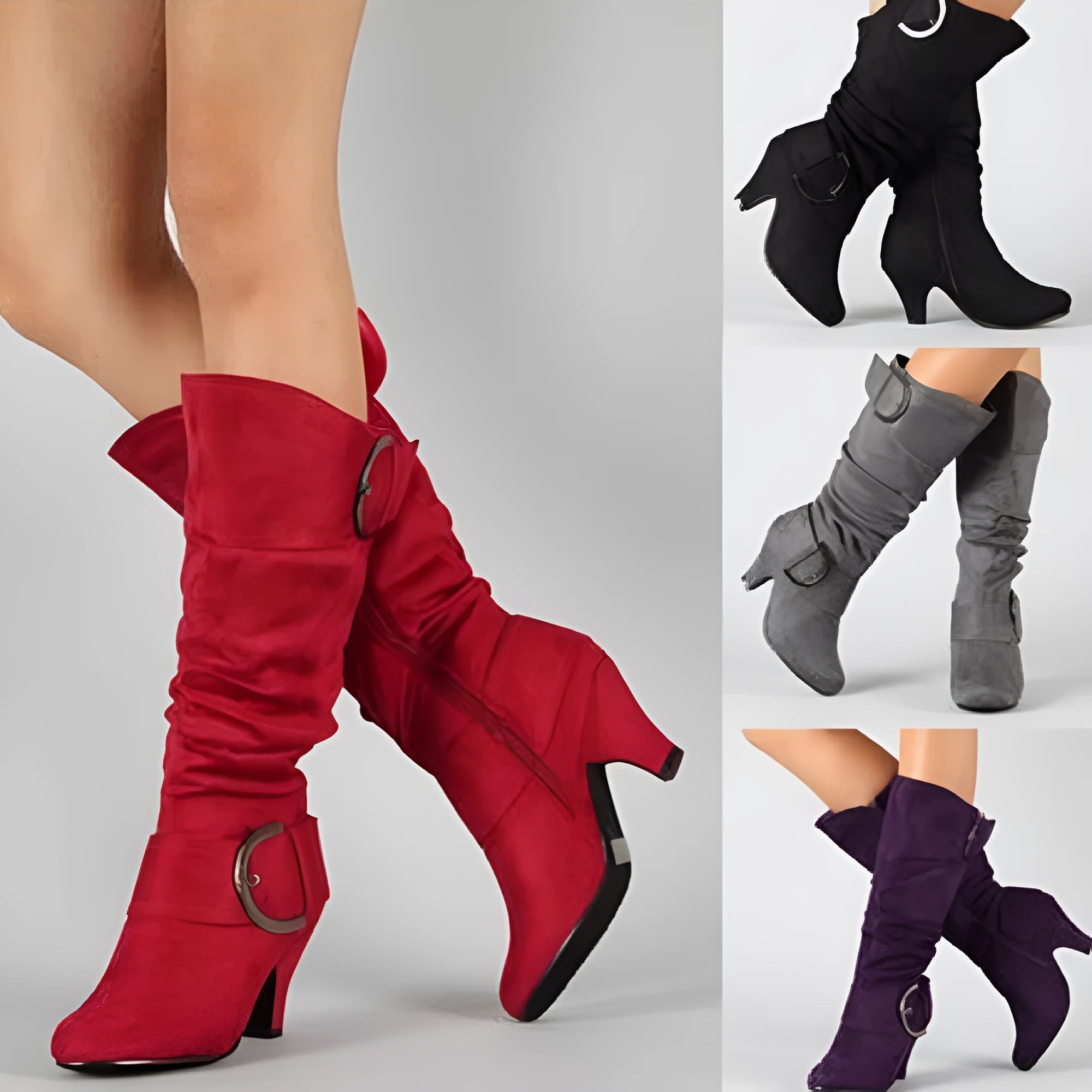 Women's brushed velvet suede boots with high cylinder, tapered heel, and round toe in multiple colours
