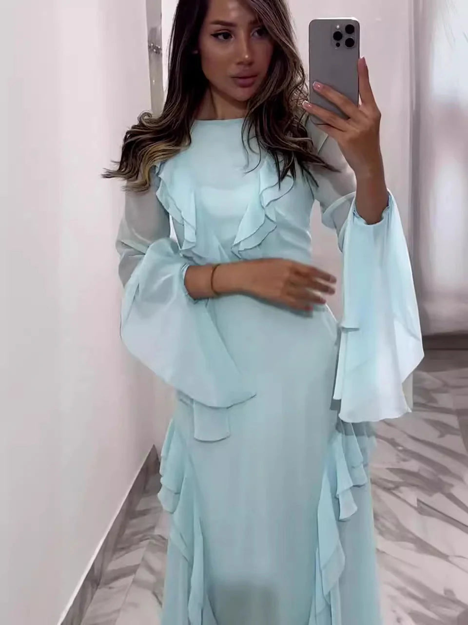 Round Neck Ruffled Long Sleeve Maxi Dress in blue and mint green, perfect for any occasion