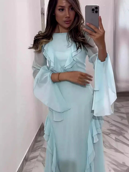 Round Neck Ruffled Long Sleeve Maxi Dress in blue and mint green, perfect for any occasion