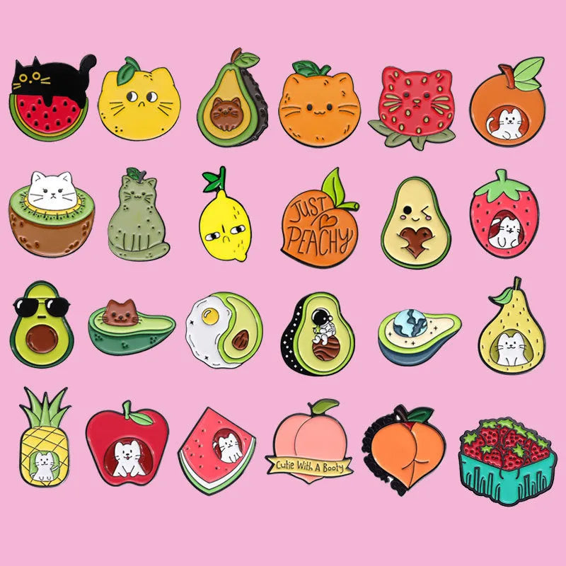 Colourful cartoon fruit and letter design metal brooch with pin fastener.