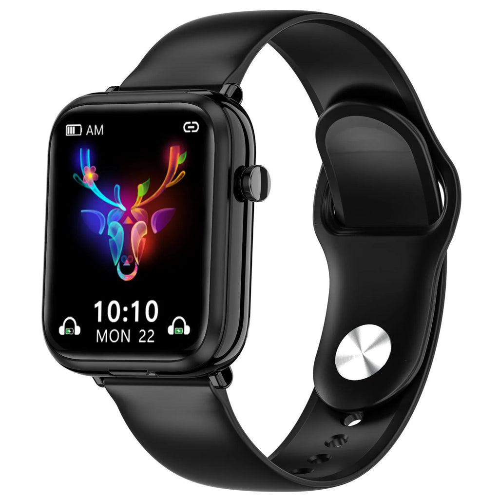 Black zinc alloy smartwatch with 1.69-inch touch screen and integrated wireless Bluetooth earpieces in charging case.