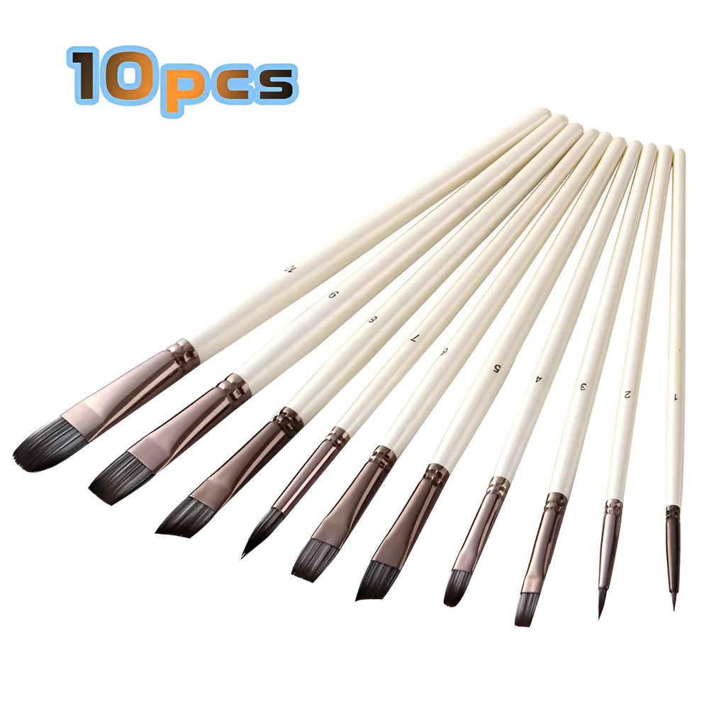 Set of 10 pearl white nylon watercolour brushes with wooden handles in a PVC bag