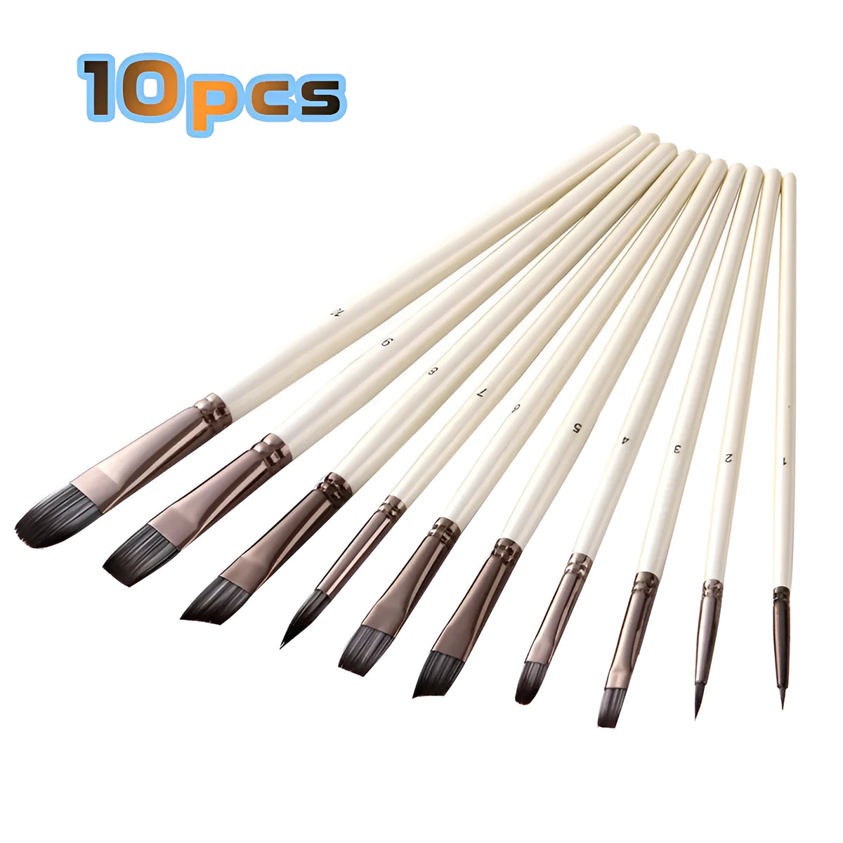 Set of 10 pearl white nylon watercolour brushes with wooden handles in a PVC bag