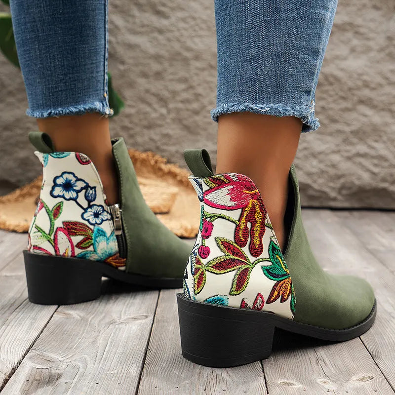 Flower printed ankle boots for women with chunky heel and side zipper, beige colour option