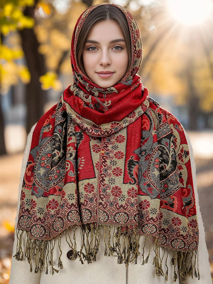 Cashew pattern tassel scarf measuring 176cm long with burgundy colour and ethnic styling