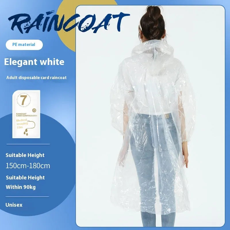 Disposable raincoat folded in card format showing adult and children's sizing options