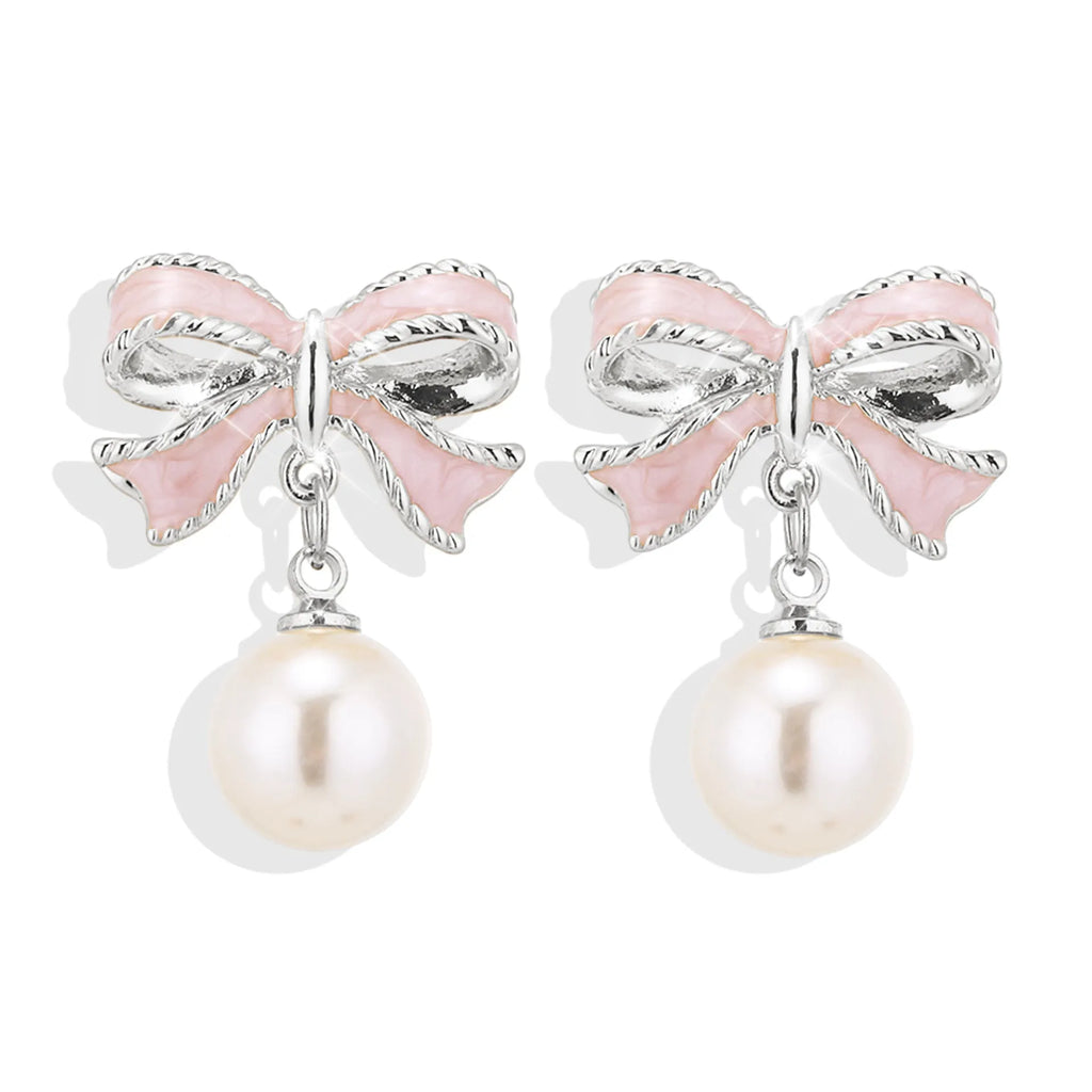 Alloy bow shape drop oil ear studs with electroplating finish in aurora white colour