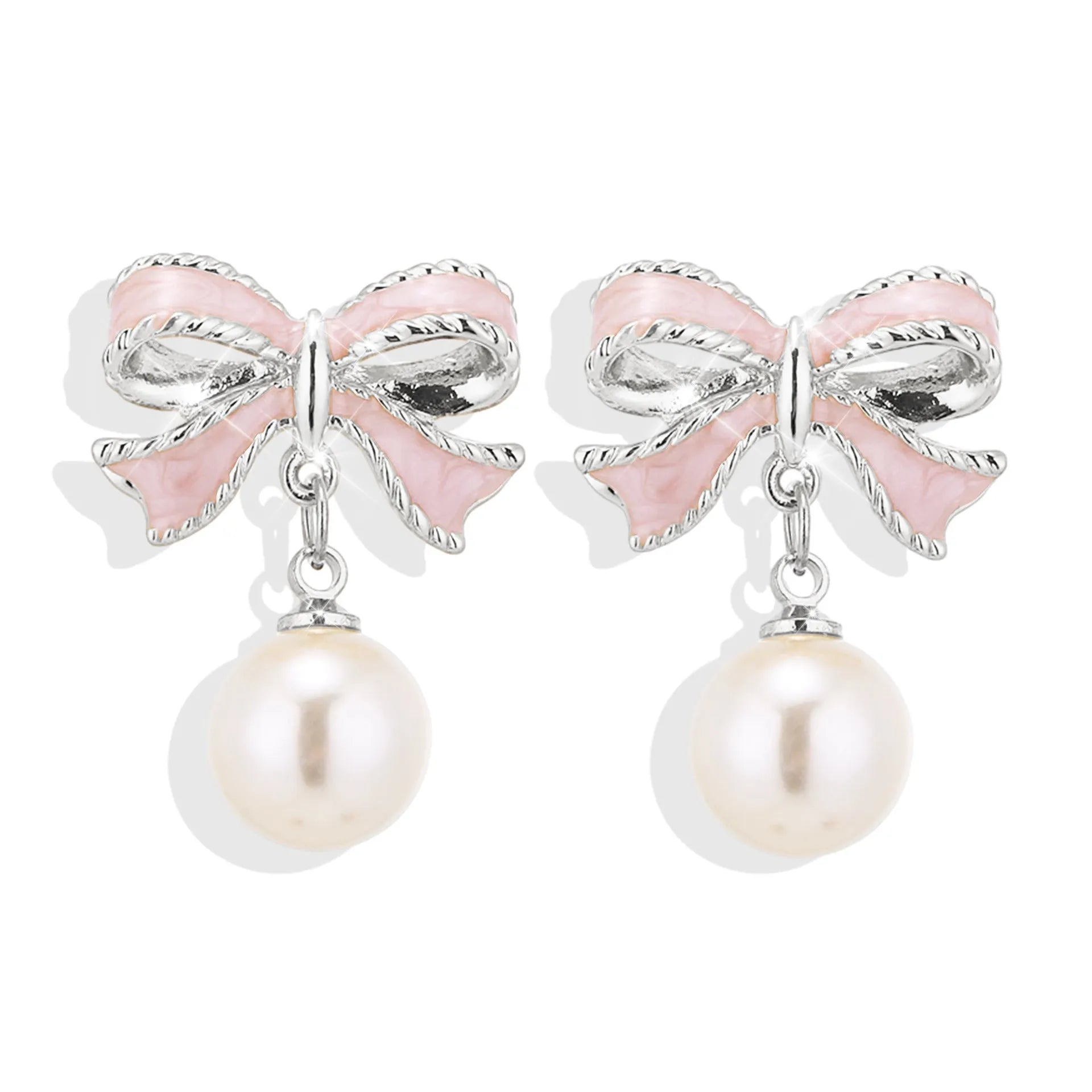 Alloy bow shape drop oil ear studs with electroplating finish in aurora white colour