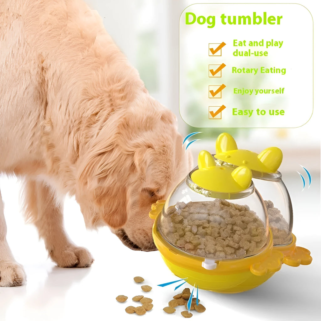 Lake blue TPR slow feeder dog toy, a tumbler-shaped puzzle feeder on a white background