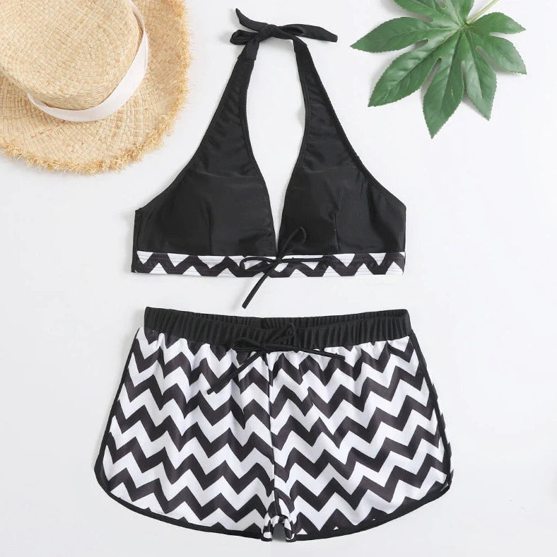 Zigzag print ladies bikini swimwear with geometric pattern on 82% polyester fabric