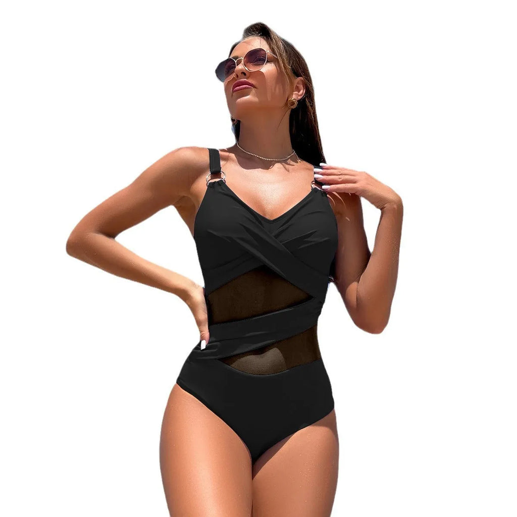Women's solid colour one-piece swimsuit in quick-dry fabric showing multiple colour options