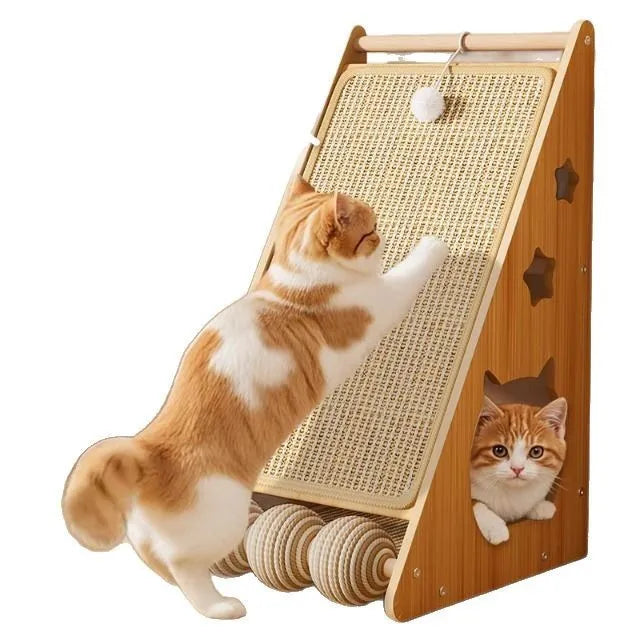 Vertical wall-mounted cat scratch board with sisal surface and a hemp rope teasing ball.
