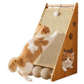 Vertical wall-mounted cat scratch board with sisal surface and a hemp rope teasing ball.
