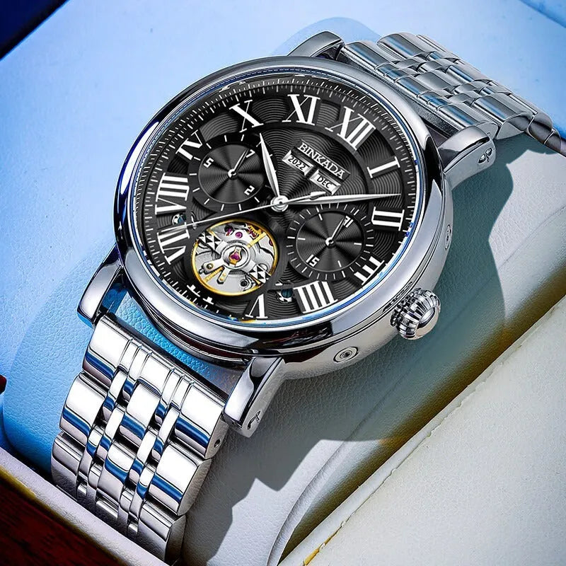 Men's mechanical automatic waterproof watch with stainless steel case and steel strap