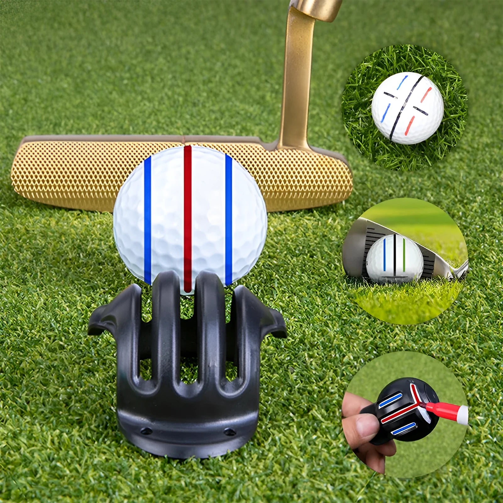 Golf putting alignment scriber tool and drawing pen set on a green background.