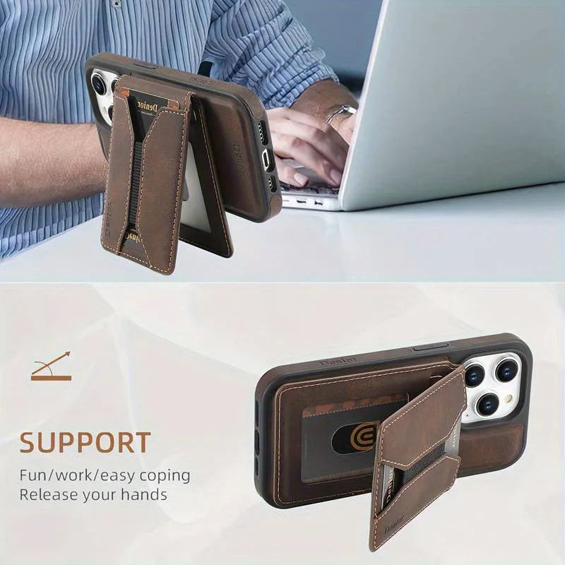Imitation leather rotating bracket phone case with magnetic card pack for iPhone 16 Pro Max in black