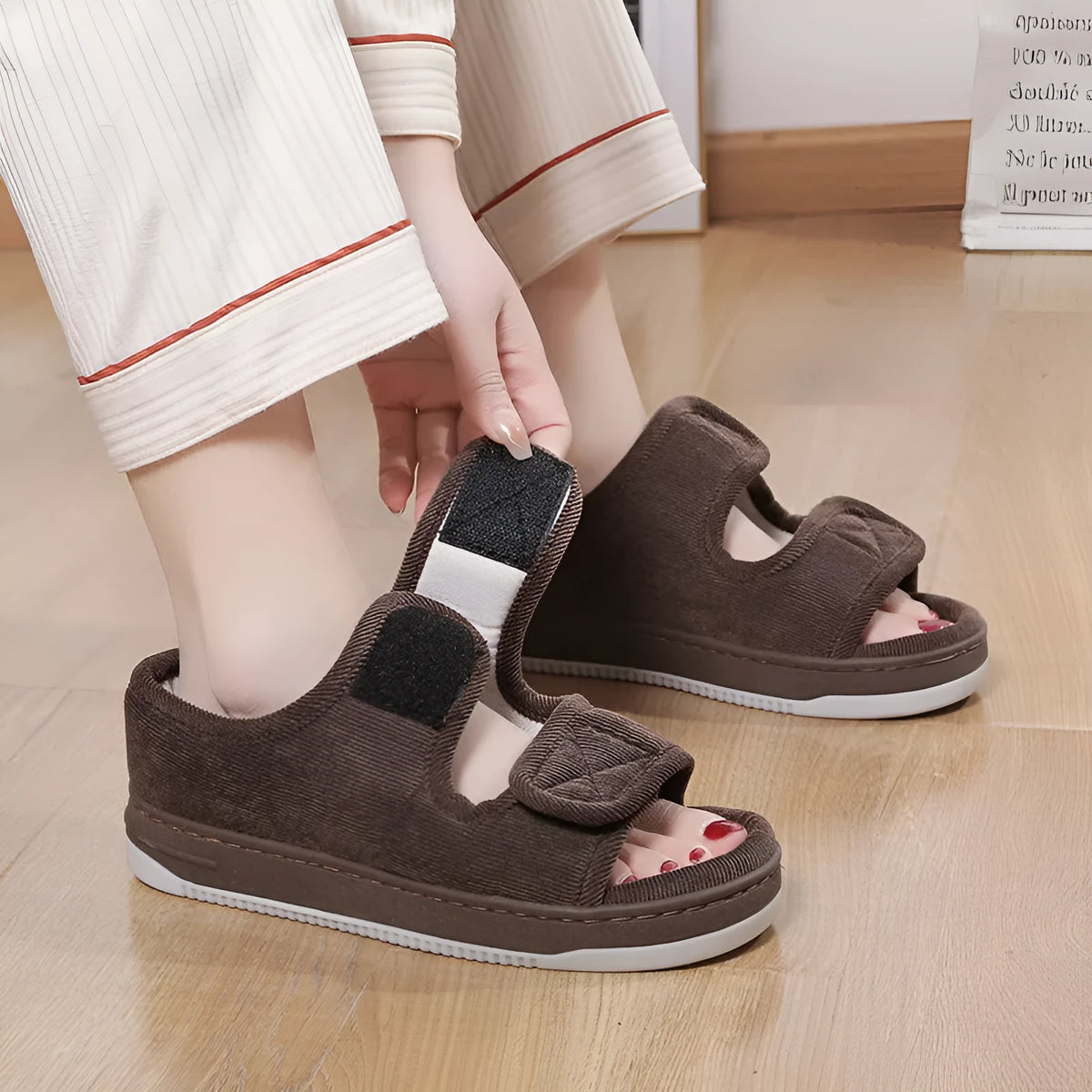 Breathable cloth sandals for elderly with open toe, rubber sole, available in large sizes and solid colours