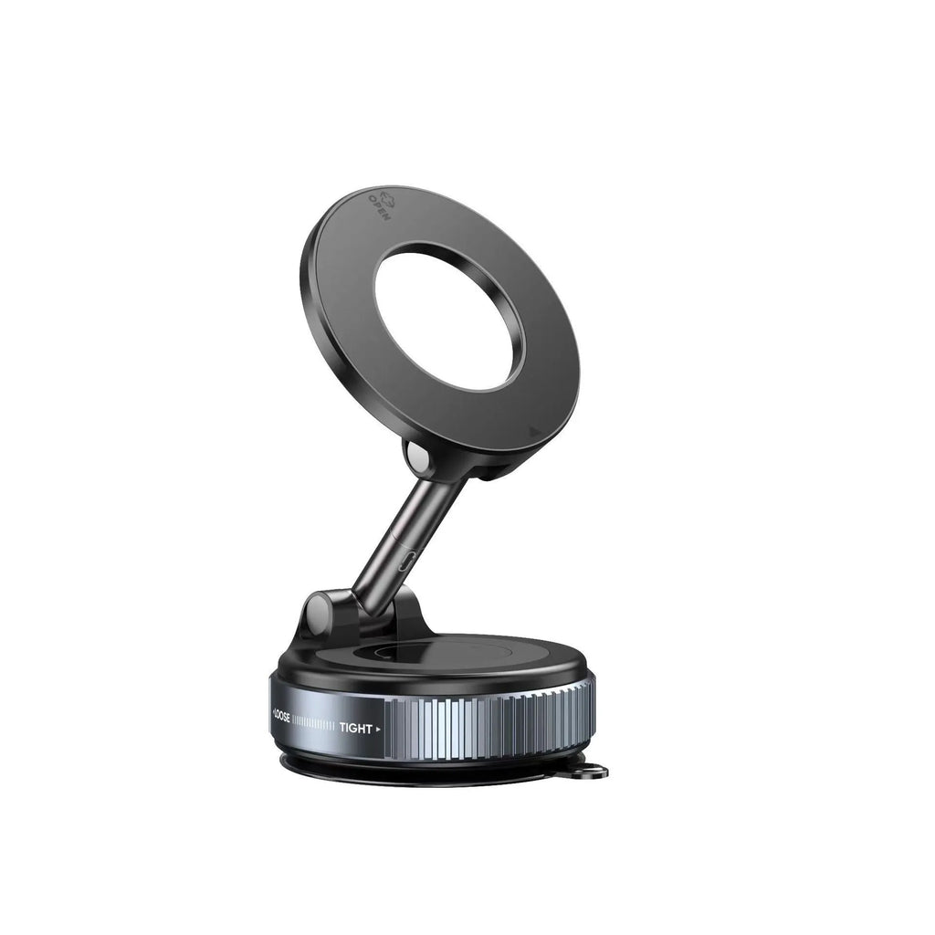 Vacuum rotary magnetic car phone holder with 360° rotation, zinc alloy and aluminium alloy build, in black showing suction and magnet