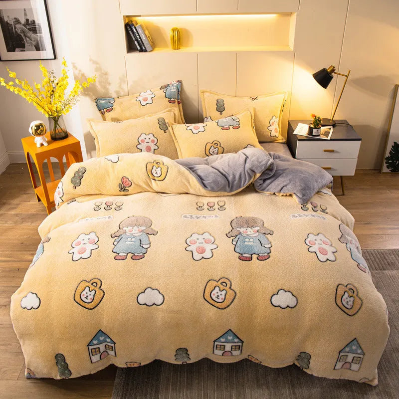 Four-piece milk velvet bedding set with quilt cover, bed sheet, and pillowcases in warm colour