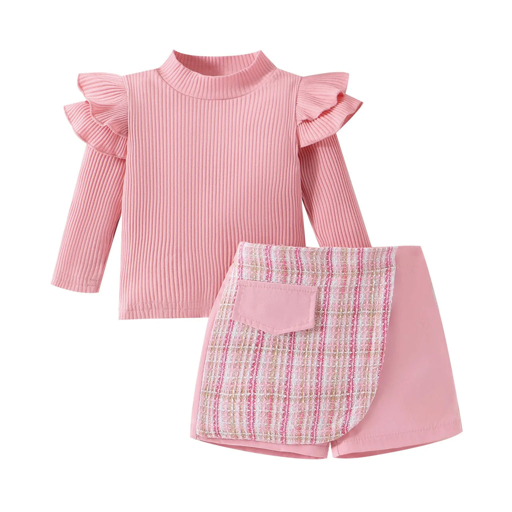 Girls' cotton skirt set two-piece with long sleeves, pullover style, in pink and black
