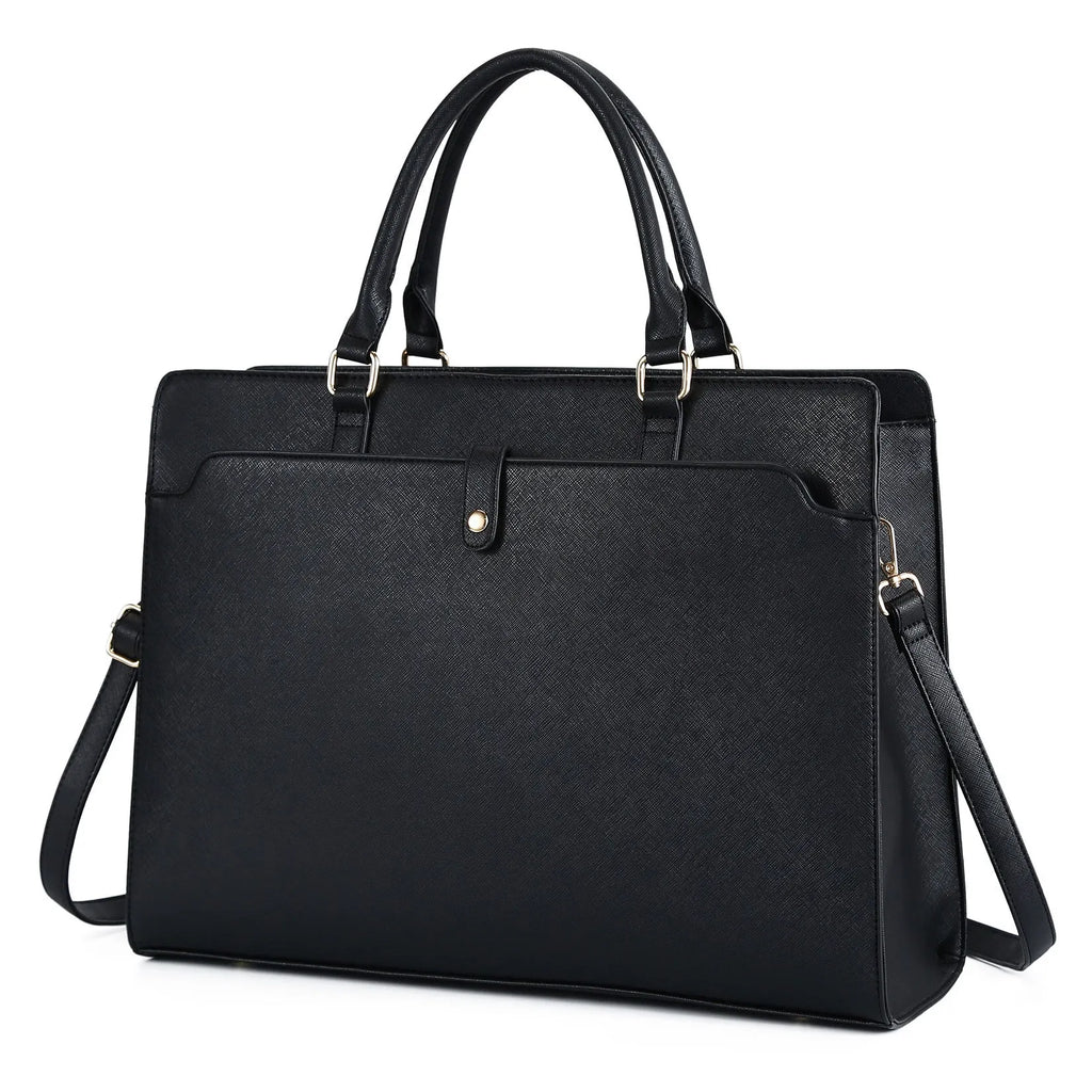 Women's large capacity PU crossbody bag in black, 42x15x32 cm, with crossbody strap, on white background