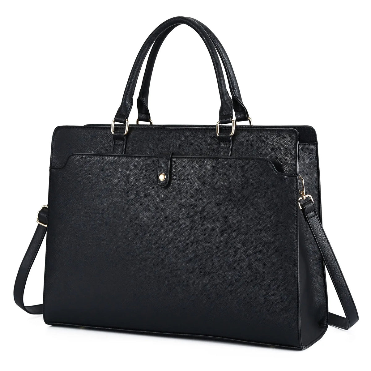 Women's large capacity PU crossbody bag in black, 42x15x32 cm, with crossbody strap, on white background