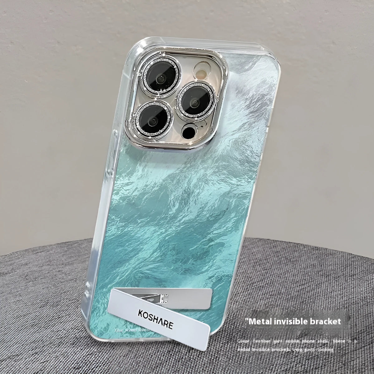 Ice blue gradient hard PC phone case with invisible bracket and silver chain for iPhone 15 Pro Max