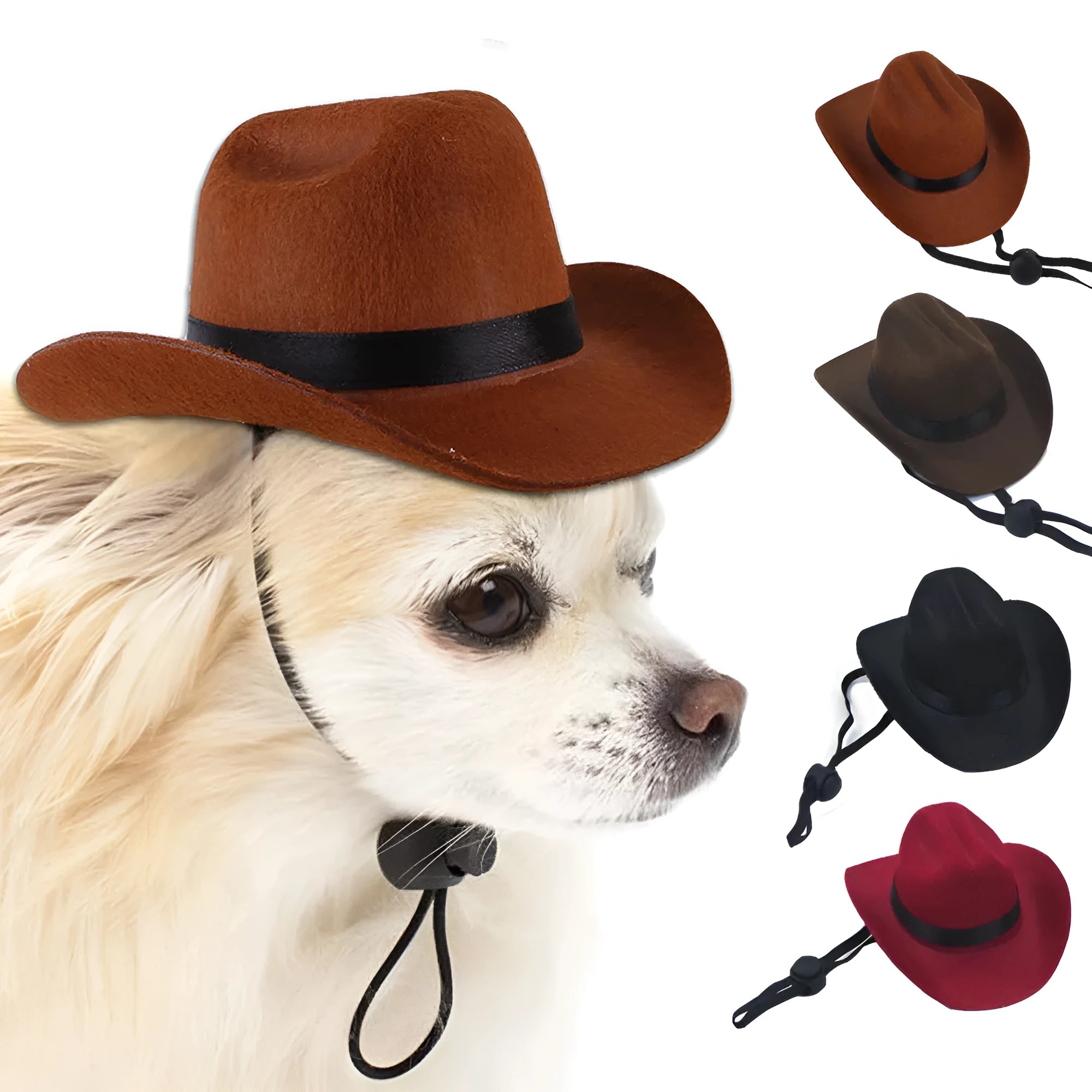 Adjustable cowboy hat for pets in black, brown, burgundy, or coffee colours