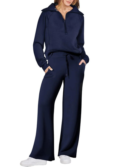Women's leisure sports suit with long-sleeve zipper sweatshirt and wide leg pants in various colours