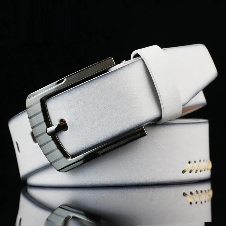 Men's retro pattern imitation leather belt with alloy pin buckle in black, brown, or white colours