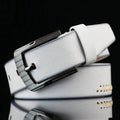 Men's retro pattern imitation leather belt with alloy pin buckle in black, brown, or white colours