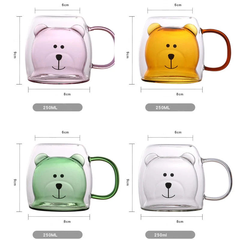 Creative Bear Double Coffee Milk Glass Cup for kids in four colours