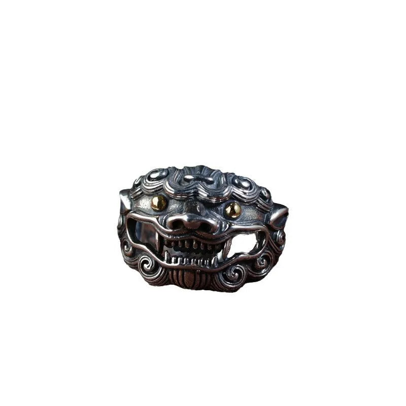 Silver open-style diamond ring with jibeast animal zodiac pattern and retro design details