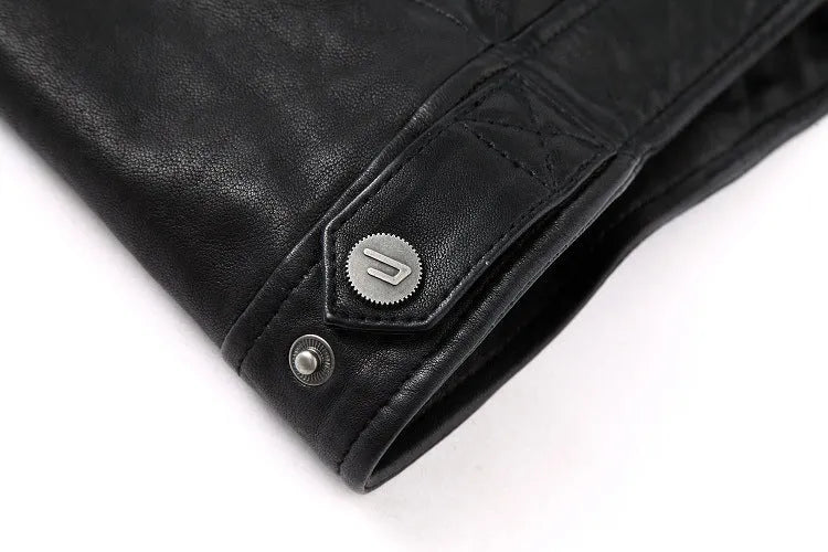 Men's genuine leather slim-fit motorcycle jacket in black cowhide, zipper closure, front view