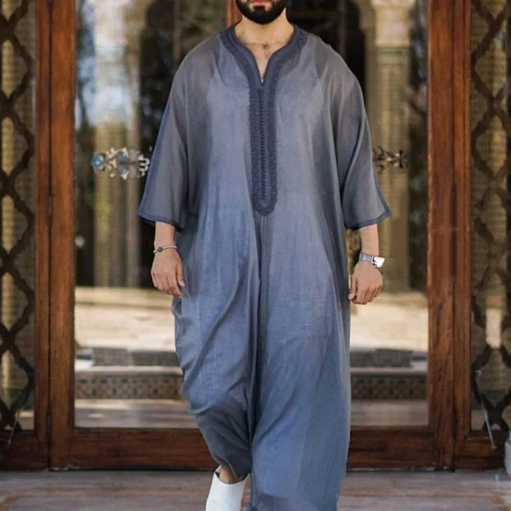 Mens grey linen cotton loose pullover Muslim robe on model