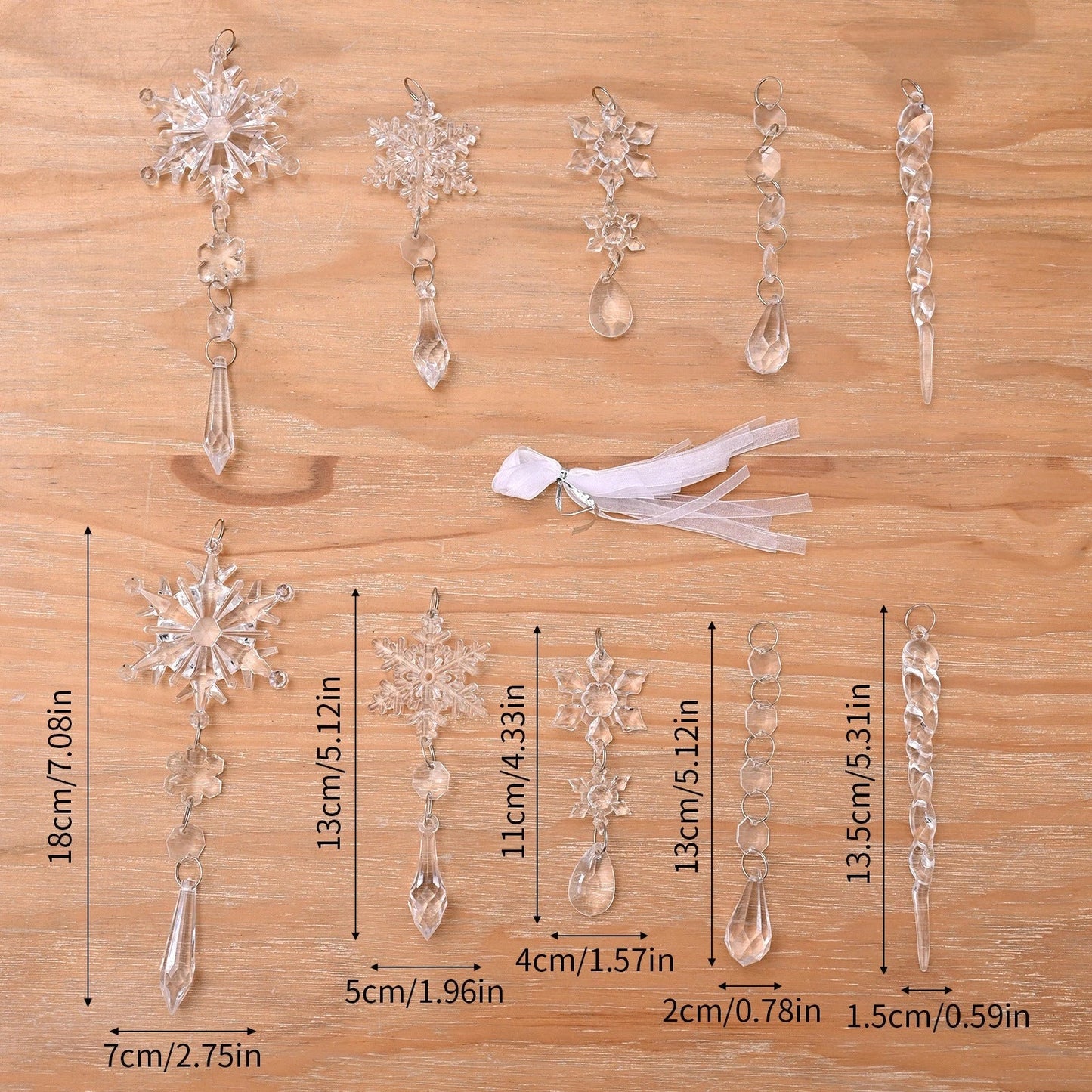 Premium clear acrylic icicle Christmas tree ornaments with hanging ribbons for versatile holiday decoration