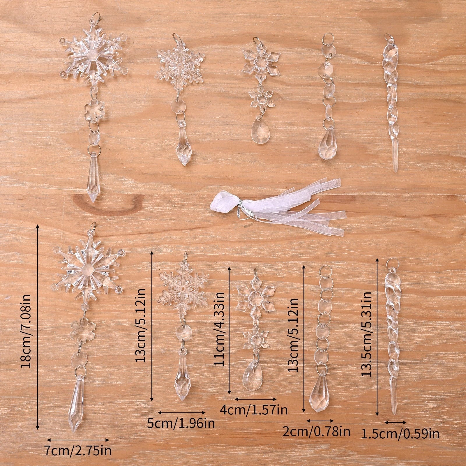 Premium clear acrylic icicle Christmas tree ornaments with hanging ribbons for versatile holiday decoration