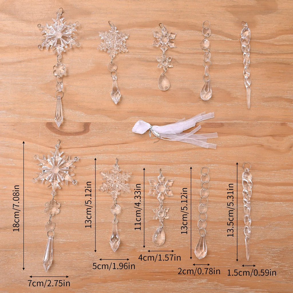10 clear acrylic ice cone Christmas tree ornaments with white ribbons for hanging