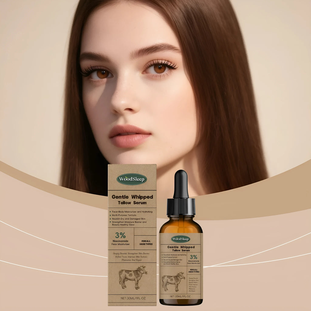 Whipped tallow serum 30ml in a tube with ingredient list including tallow and coconut oil