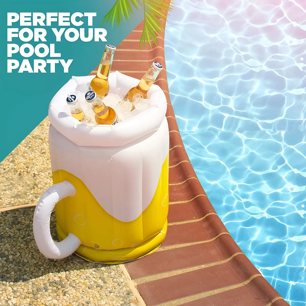 Large yellow inflatable beer mug cooler floating in swimming pool with drinks