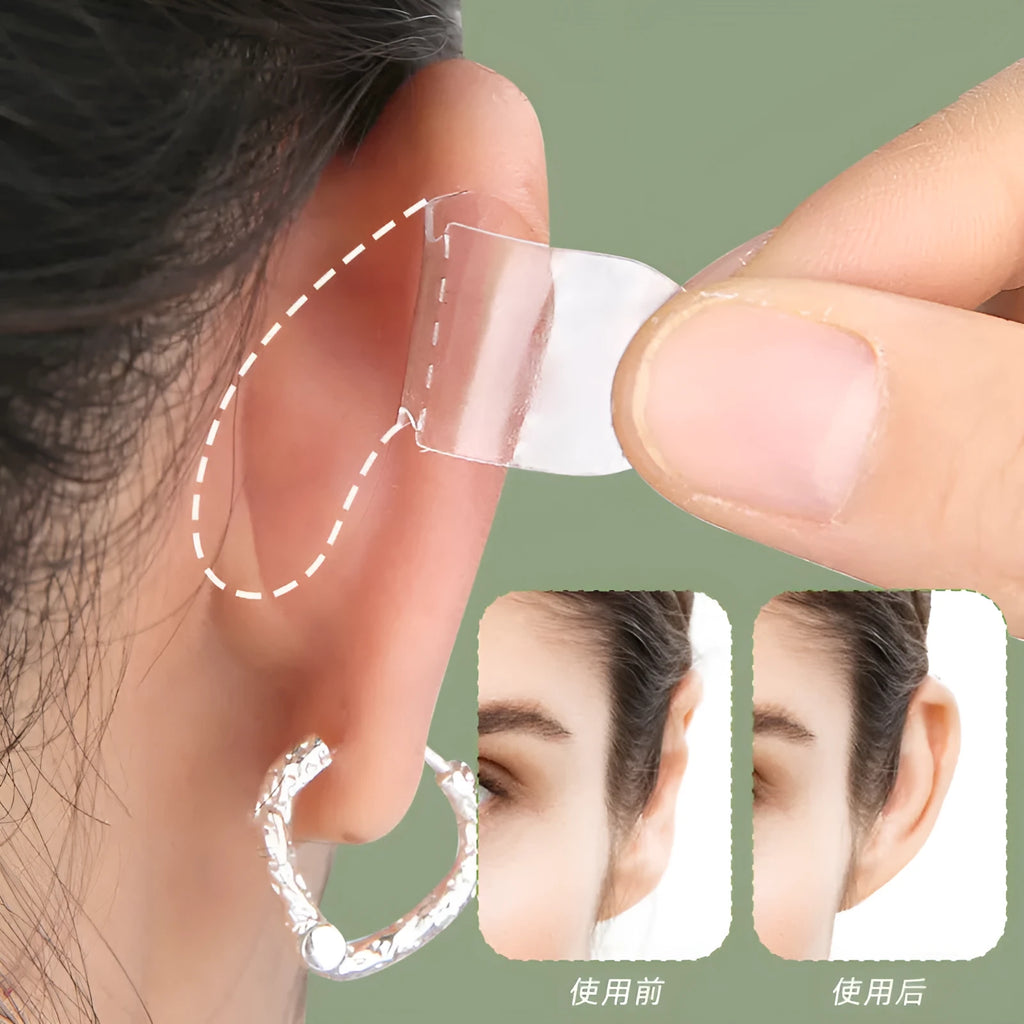 Close-up of transparent and frosted disposable TPU ear patches on backing paper, 0.1cm thick.