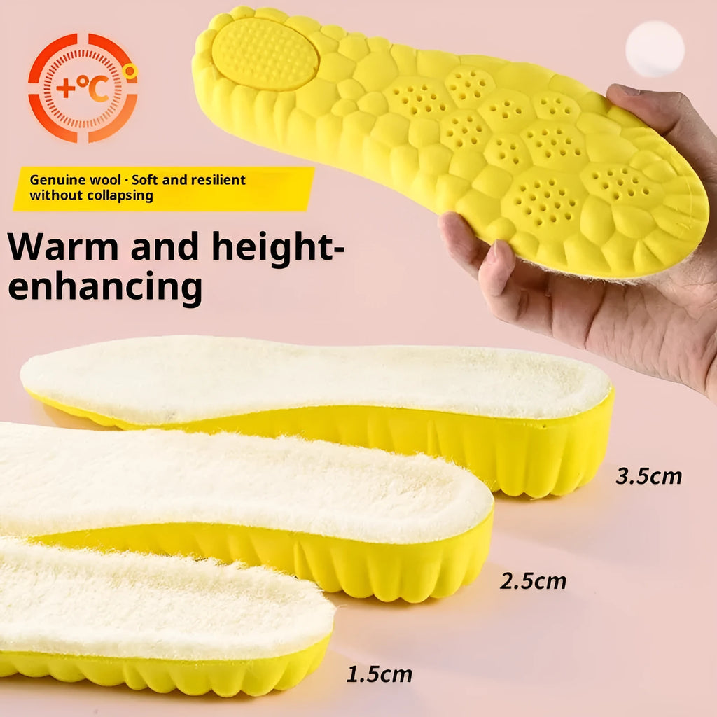 Fleece lined winter height increasing insoles in three lift heights on white background